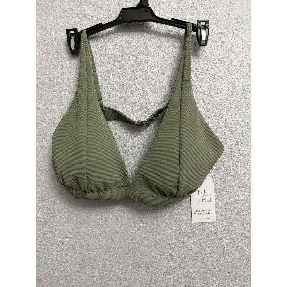 Time and Tru Women Ribbed Triangle Bikini Top Olive Green Large 12-14 Beach Flaw